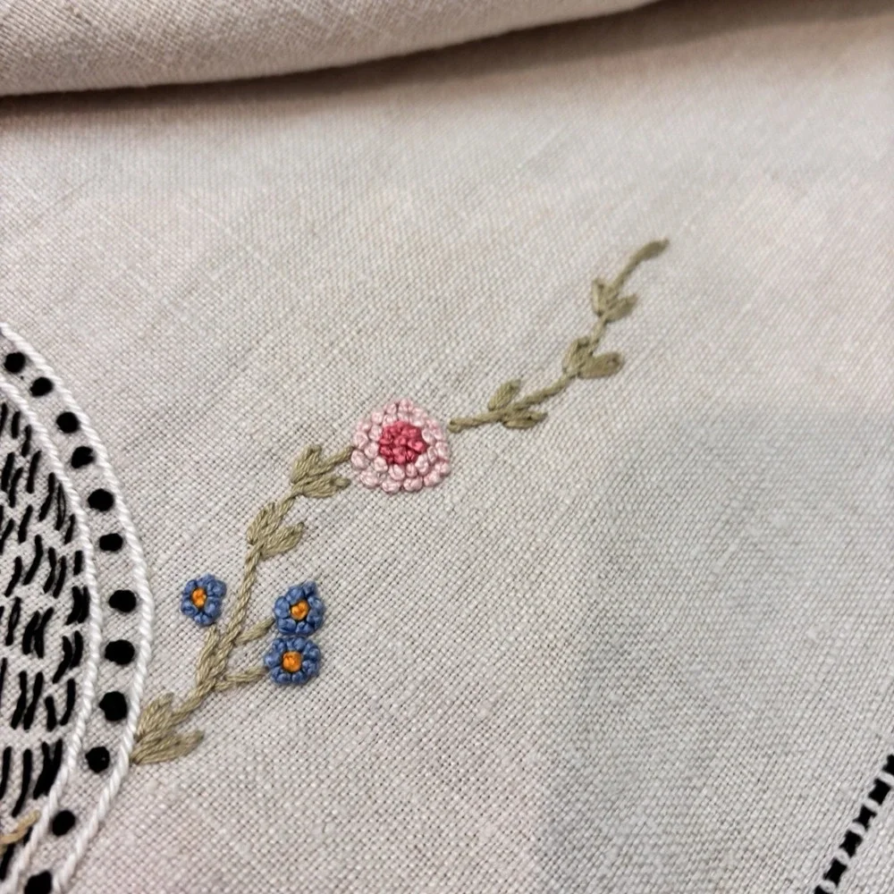 Vintage Linen Tablecloth Embroidered Flower Basket Cutwork Hemstitch 34x36‎